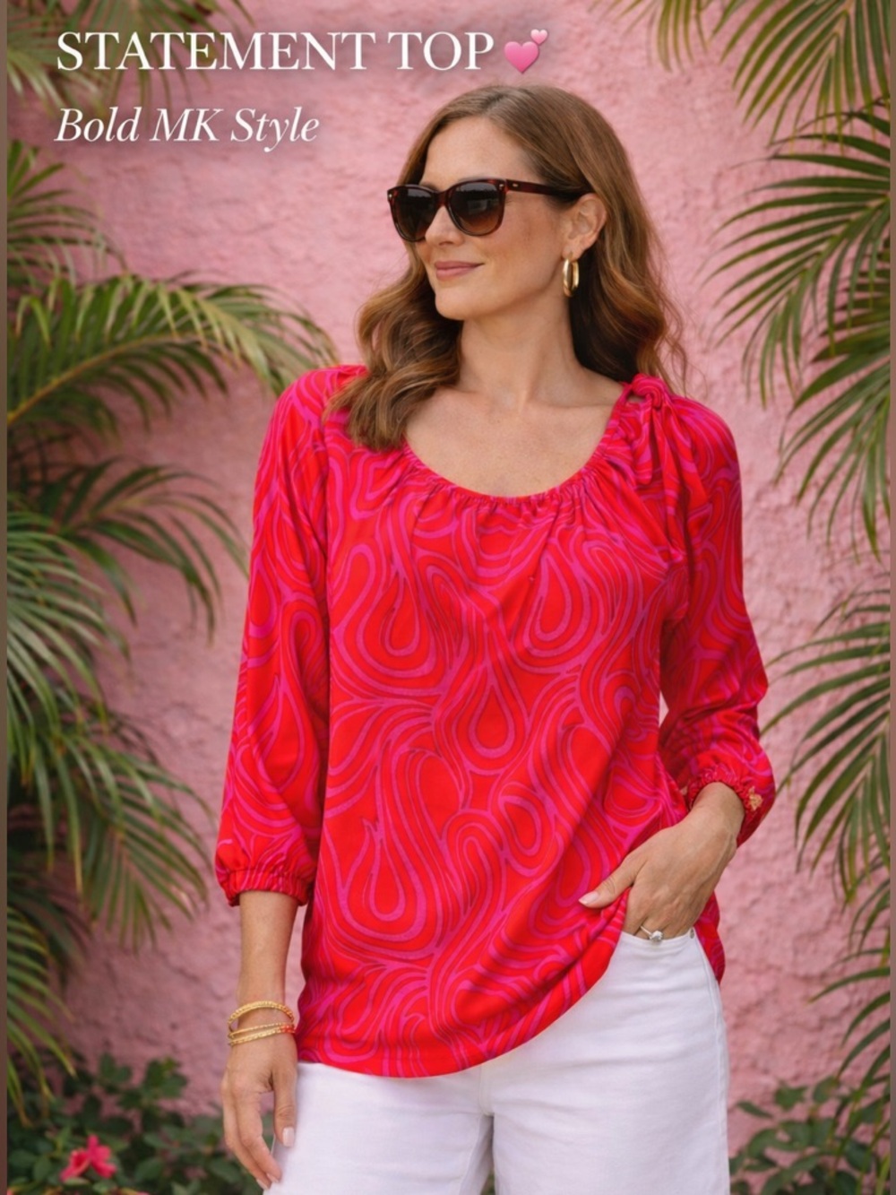 Michael Kors Red Pink Swirl Blouse 🌴 Statement | Resort Vacation Chic